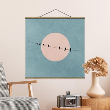 Plakat z wieszakiem - Ptaki na tle różowego słońca I