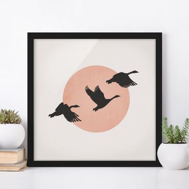 Plakat w ramie - Ptaki na tle różowego słońca III