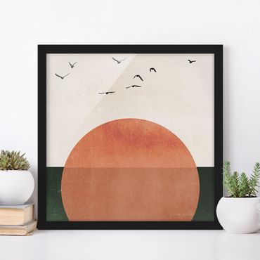 Plakat w ramie - Stado ptaków na tle wschodzącego słońca