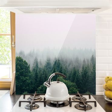 Panel szklany do kuchni - Las o zmierzchu we mgle