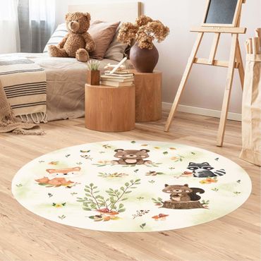 Okrągły dywan winylowy - Zwierzęta leśne Jesień Lis Niedźwiedź Wiewiórka Szop pracz