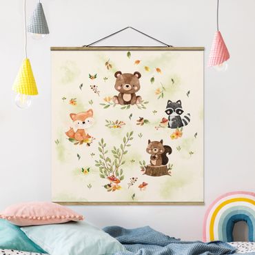 Plakat z wieszakiem - Zwierzęta leśne Jesień Lis Niedźwiedź Wiewiórka Szop pracz