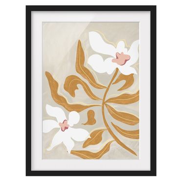 Plakat w ramie - Białe kwiaty z żółtymi liśćmi