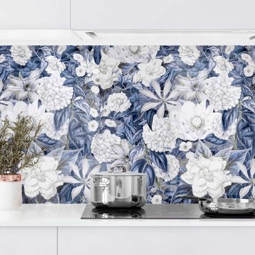 Panel ścienny do kuchni - Białe kwiaty na tle niebieskiego II