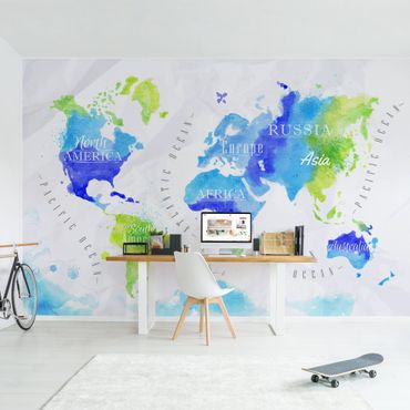 Fototapeta - Mapa świata akwarela niebiesko-zielona