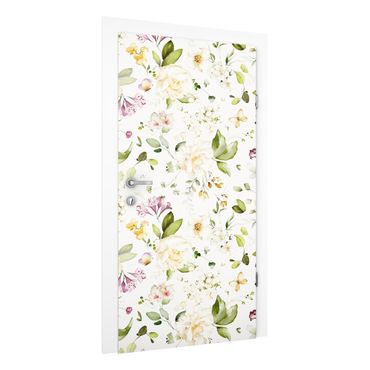 Okleina na drzwi - Wildflowers and White Roses Watercolour Pattern