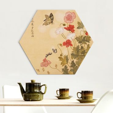 Obraz heksagonalny Alu-Dibond - Yuanyu Ma - Poppy Flower And Butterfly