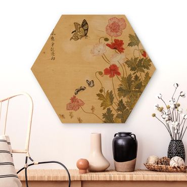 Obraz heksagonalny z drewna - Yuanyu Ma - Poppy Flower And Butterfly