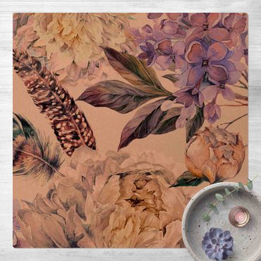 Mata korkowa - Delikatny akwarelowy wzór w kwiaty boho i pióra