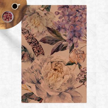 Mata korkowa - Delikatny akwarelowy wzór w kwiaty boho i pióra