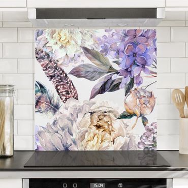 Panel szklany do kuchni - Delikatny akwarelowy wzór w kwiaty boho i pióra