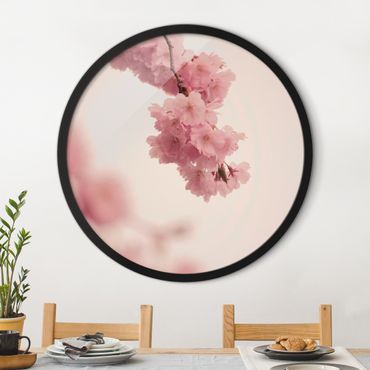 Okrągły obraz w ramie - Pale Pink Spring Flower With Bokeh
