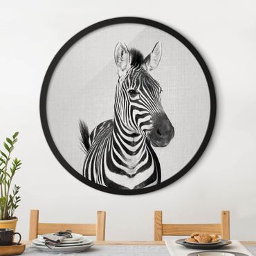 Okrągły obraz z ramką - Zebra Zilla czarno-biały