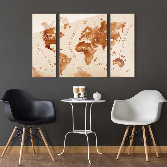 Obrazy na szkle poziomy Mapa świata akwarela beżowo-brązowa