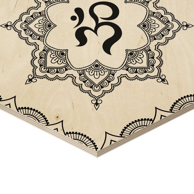 Obraz heksagonalny z drewna 3-częściowy - Hamsa Hand Lotus OM Zestaw ilustracji czarno-biały