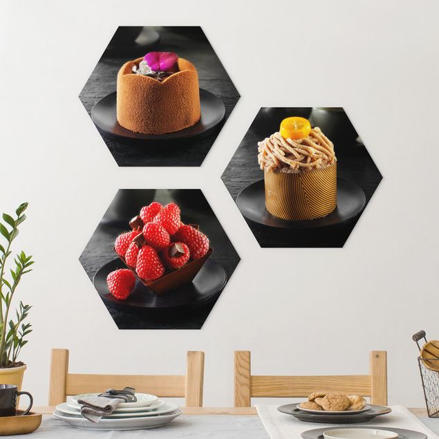 Obraz heksagonalny z Forex 3-częściowy - Tartaletki czekoladowe z malinami