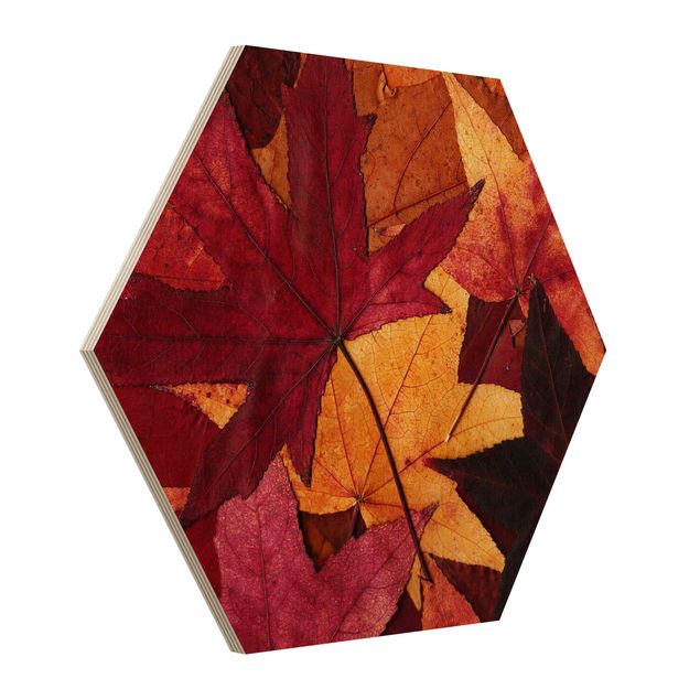 Obraz heksagonalny z drewna - Kolorowe liście