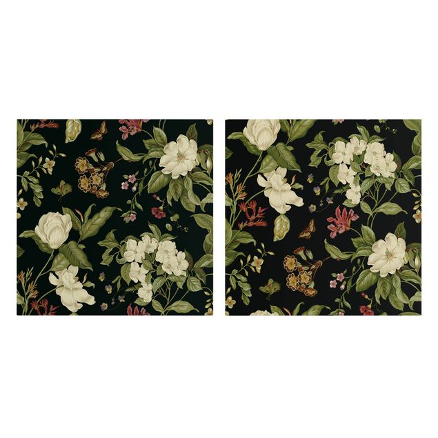 Obrazy retro Kwiaty ogrodowe na czarnym tle Zestaw I