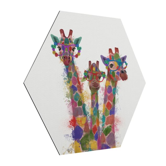 Obraz heksagonalny z Alu-Dibond - Rainbow Splash Żyrafa Trio