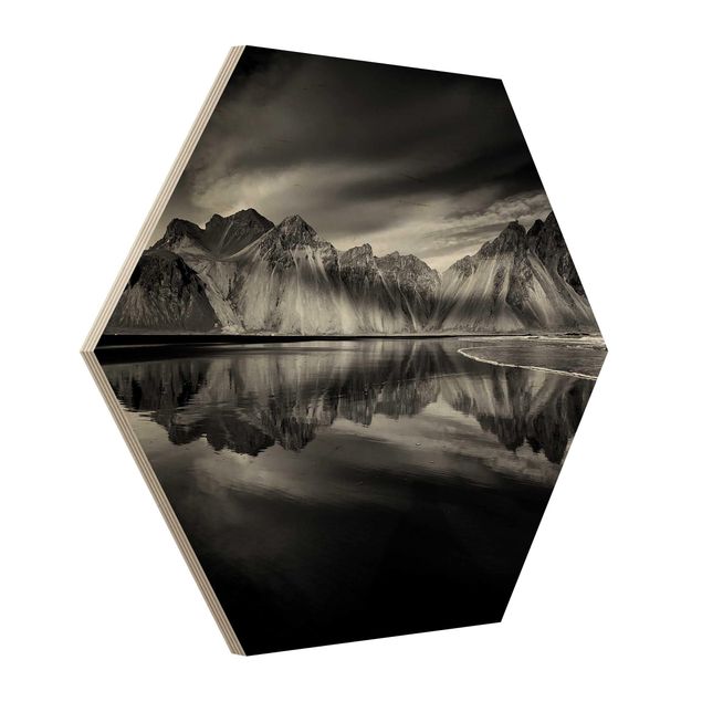 Obraz heksagonalny z drewna - Vesturhorn na Islandii