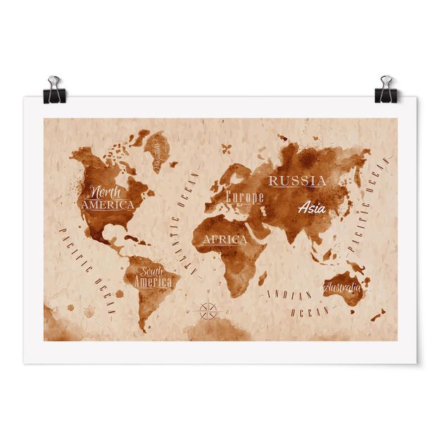 Obraz brązowy Mapa świata akwarela beżowo-brązowa