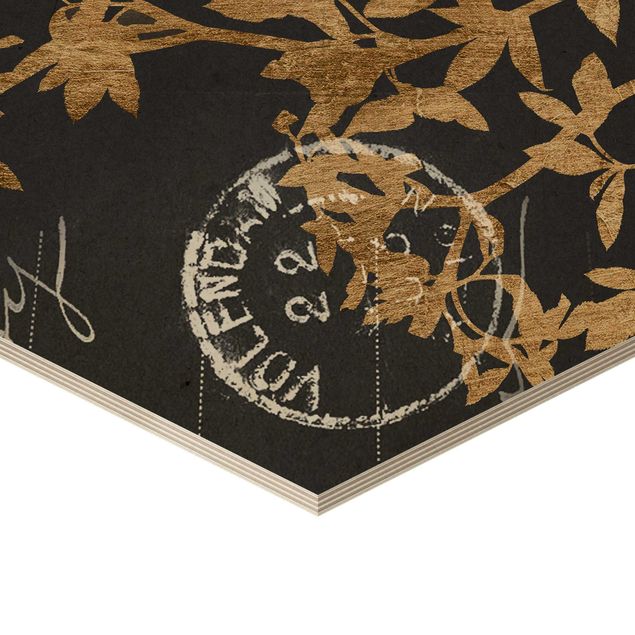 Obraz heksagonalny z drewna - Złote liście na Mocha II
