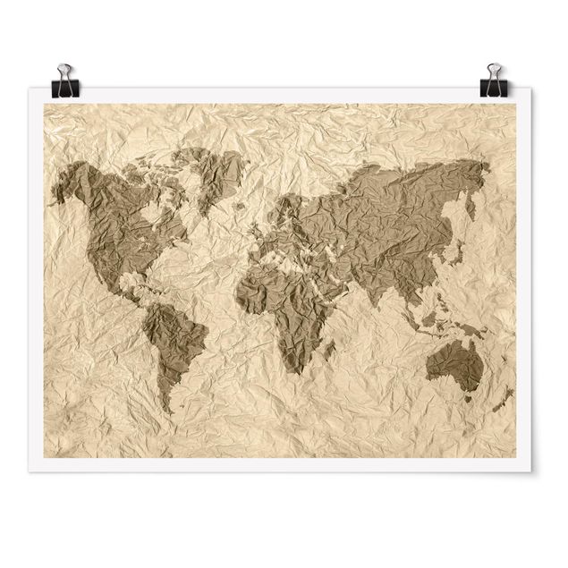Obraz brązowy Papierowa mapa świata beżowo-brązowa