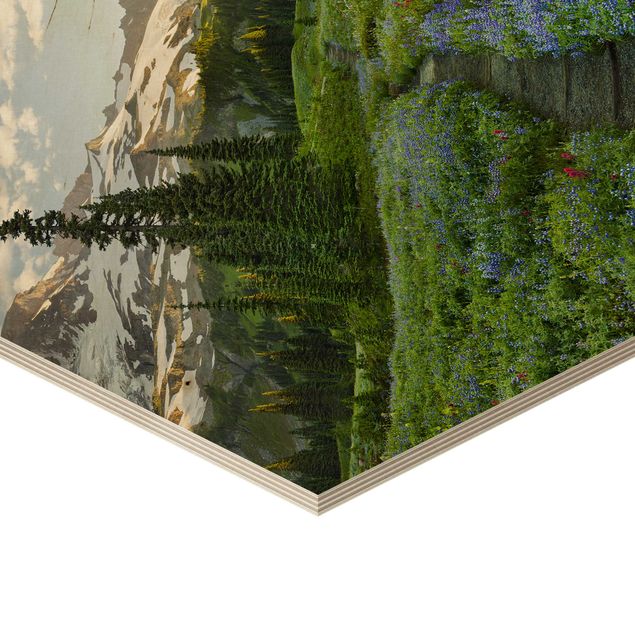 Obraz heksagonalny z drewna - Ścieżka łąkowa z widokiem na góry