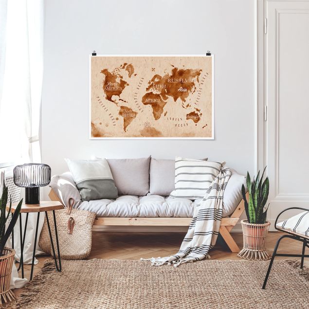 Obrazy nowoczesne Mapa świata akwarela beżowo-brązowa
