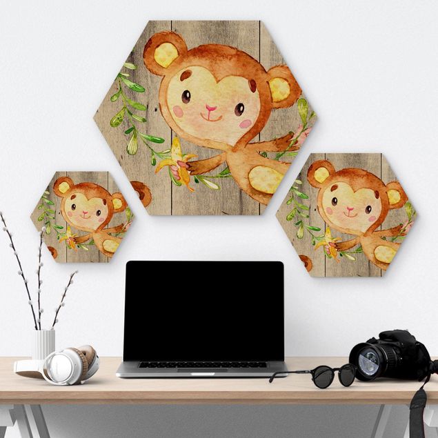 Obraz heksagonalny z drewna - Akwarela Małpa na drewnie