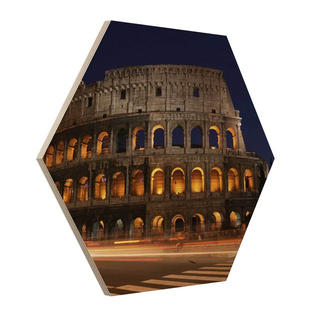 Obraz heksagonalny z drewna - Colosseum w Rzymie nocą