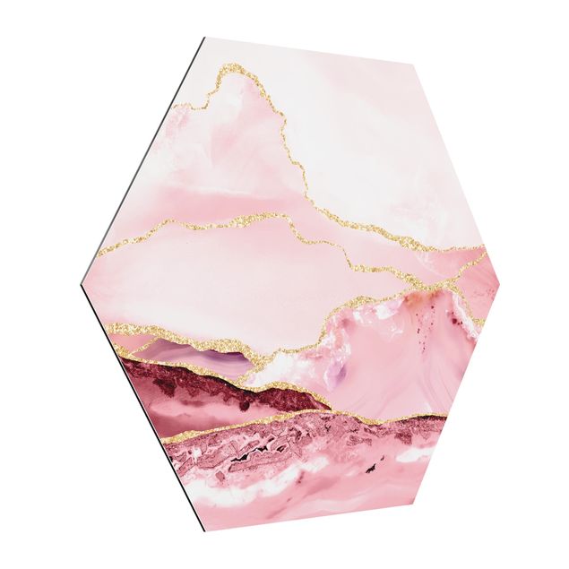 Obrazy nowoczesny Abstrakcyjne góry różowe ze złotymi liniami
