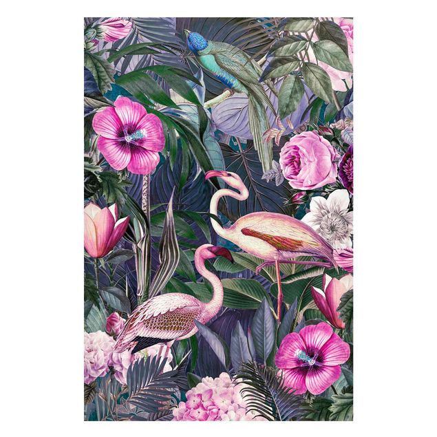 Obrazy do salonu Kolorowy kolaż - Różowe flamingi w dżungli