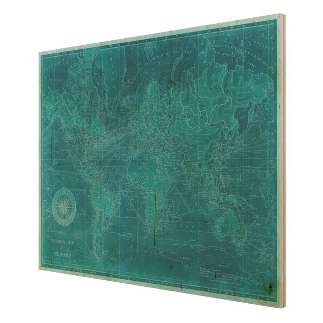 Obrazy na drewnie Lazurowa mapa świata w stylu vintage
