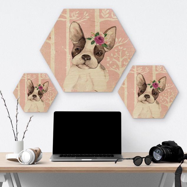 Obraz heksagonalny z drewna - Akwarela Różowy Pug