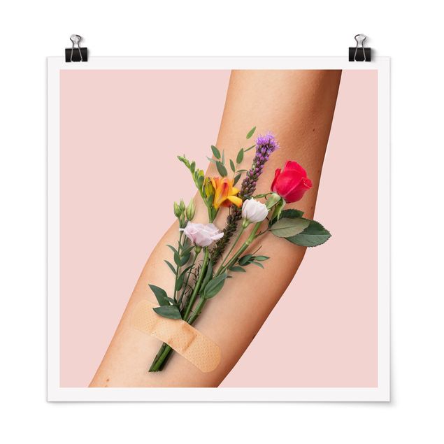 Różowy obraz Ręka z kwiatami