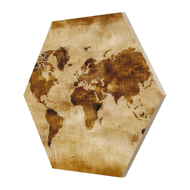 Obraz heksagonalny z drewna - Nr CG75 Mapa świata