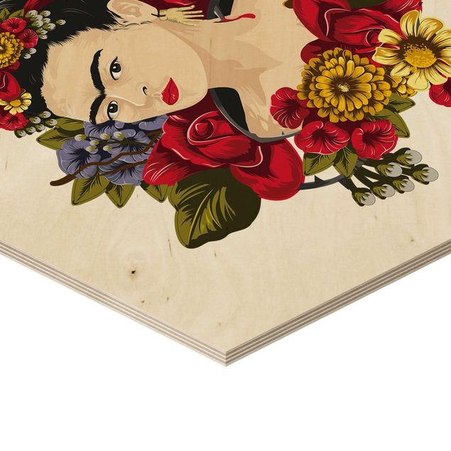 Obraz heksagonalny z drewna - Frida Kahlo - Róże