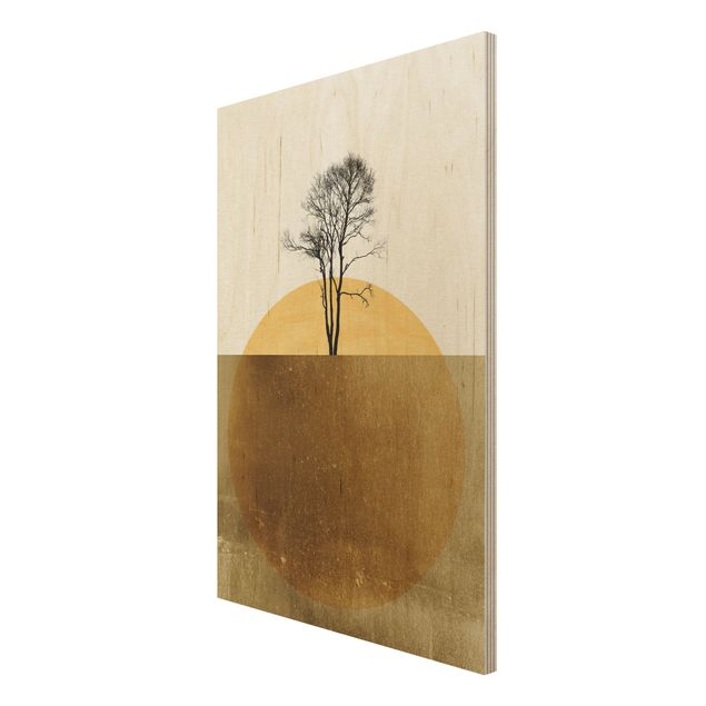 Obrazy drewniane Złote słońce z drzewem