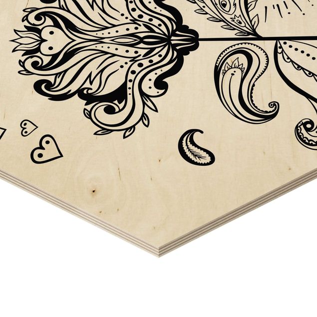 Obraz heksagonalny z drewna - Lotus z księżycem i sercami