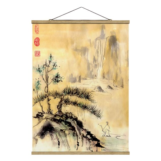 Obraz drzewo Japońska akwarela Rysowanie cedrów i gór
