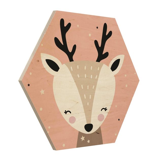 Obraz heksagonalny z drewna - Happy Deer (Szczęśliwy jeleń)