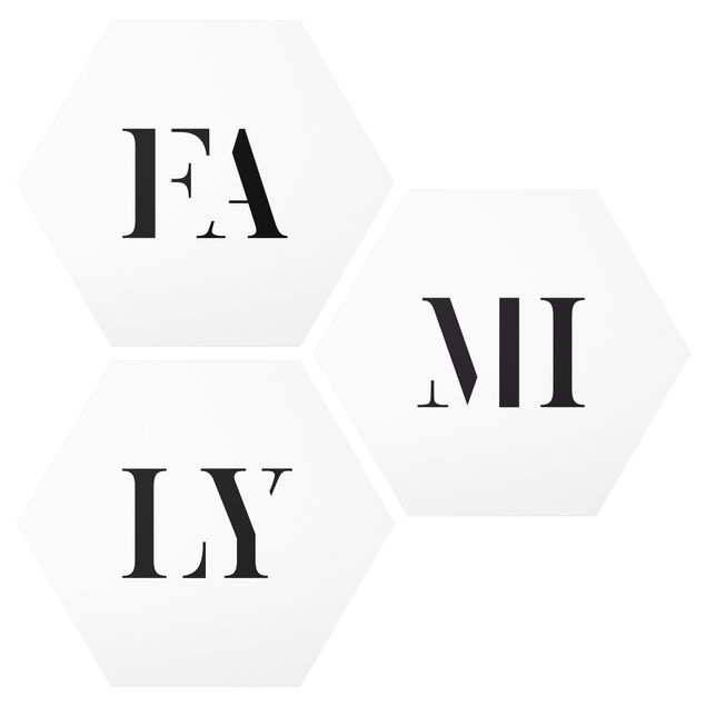 Obraz heksagonalny z Alu-Dibond 3-częściowy - Litery FAMILY Czarny zestaw I