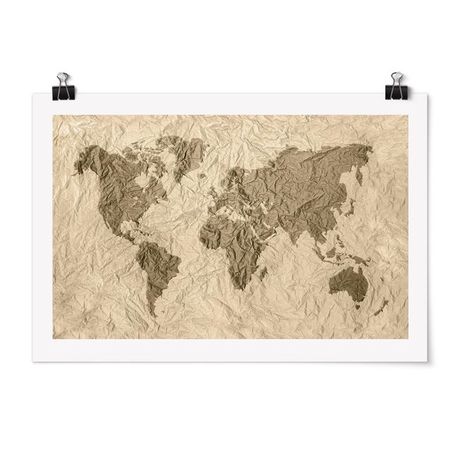 Obraz brązowy Papierowa mapa świata beżowo-brązowa