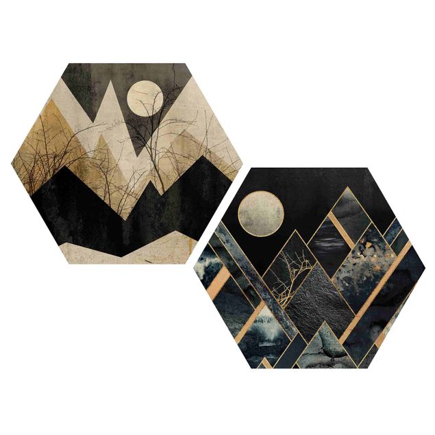 Obraz heksagonalny z drewna 2-częściowy - Złoty księżyc i geometryczne góry