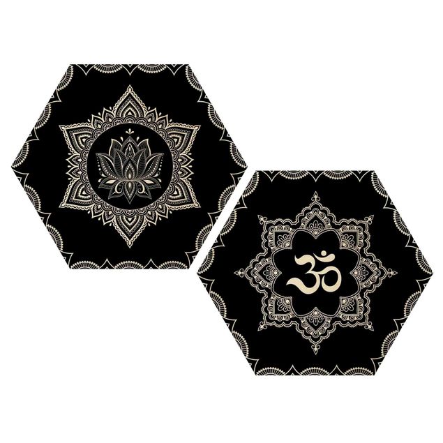 Obraz heksagonalny z drewna 2-częściowy - Zestaw ilustracji Lotus OM Czarny