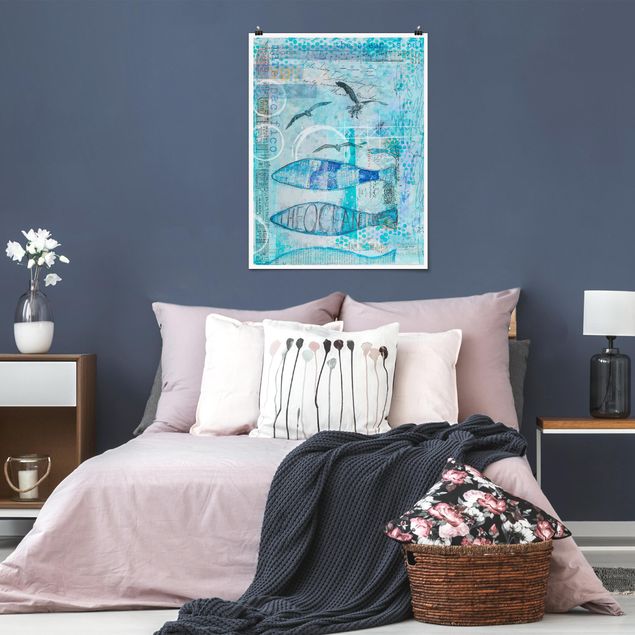 Obrazy nowoczesne Kolorowy kolaż - Niebieskie rybki
