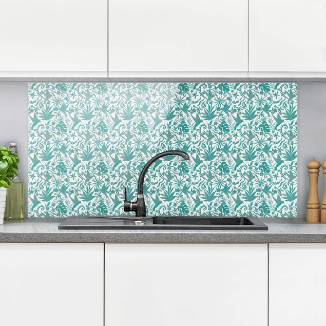 Dekoracja do kuchni Akwarela Wzór na sylwetkę kolibra i rośliny w kolorze turkusowym