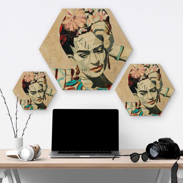 Obraz heksagonalny z drewna - Frida Kahlo - Kolaż Nr 1