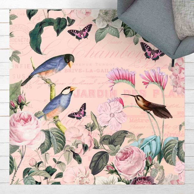 dywany zewnętrzne tarasowe Kolaż w stylu vintage - róże i ptaki